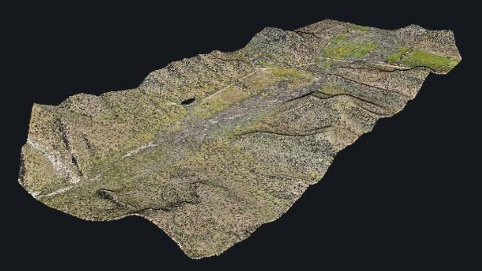3D view: the point cloud in true relief, ready to measure and cut cross-sections.