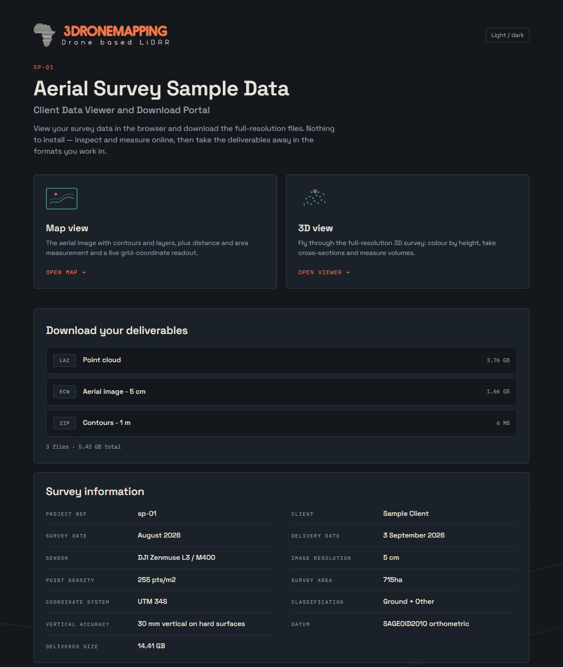 The client's delivery page (a sample delivery): viewers, downloads and survey information.