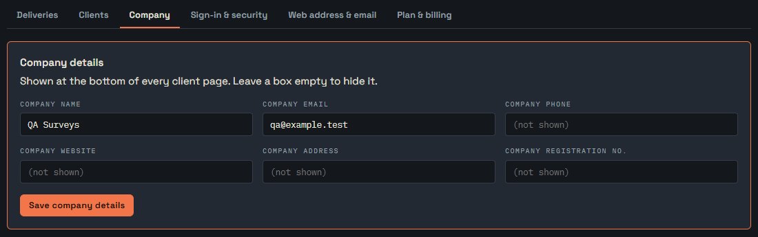 Company tab: the details shown at the bottom of every client page.