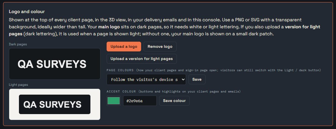 Logo and colour: previews on a dark and a light page, page colours and accent colour.
