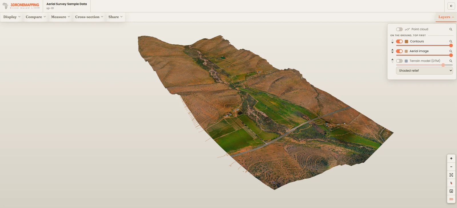 A delivery in 3D: the aerial image laid over the shape of the ground, with the layers to switch on and off
