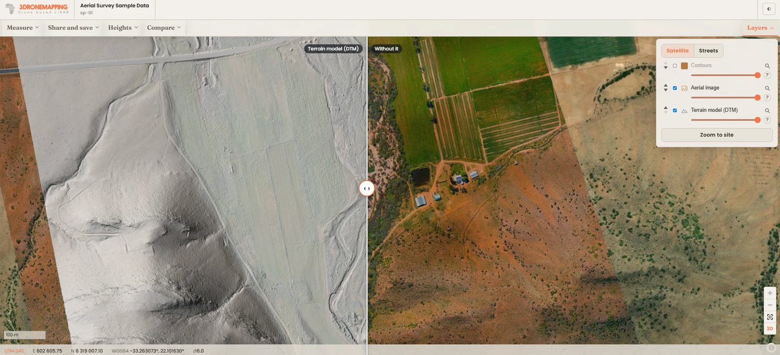 Compare: a bar across the map with the terrain model on one side and the aerial image on the other