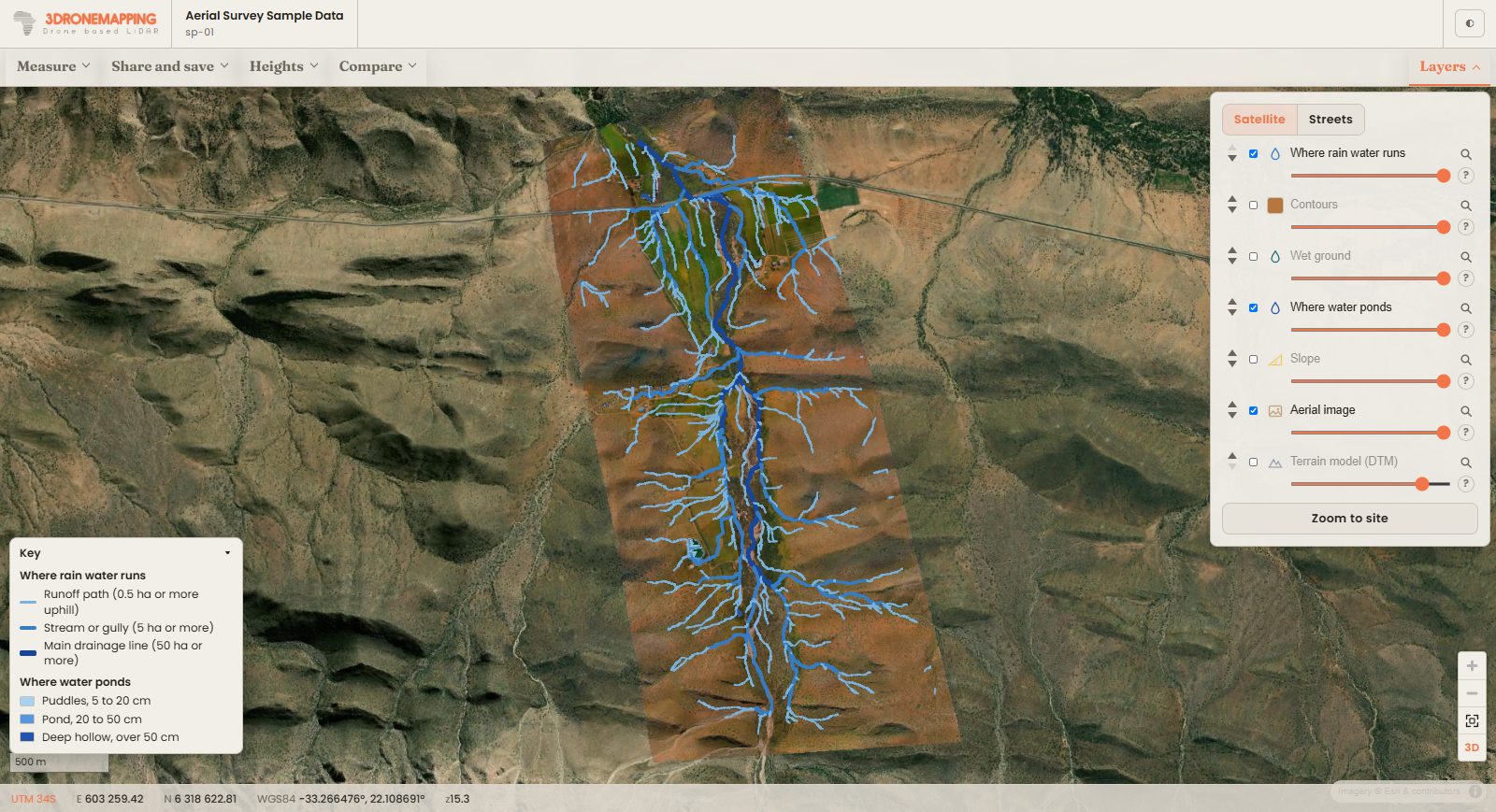 Where rain water runs and where it ponds, drawn over the aerial image of a valley, with the key