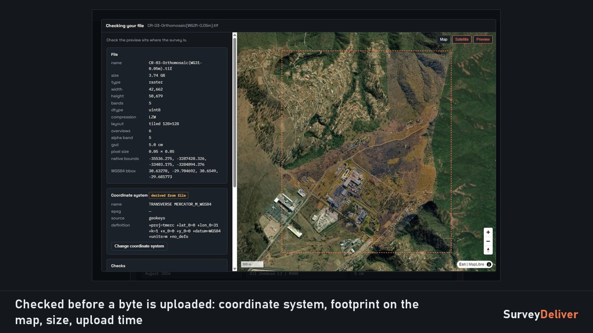 The check before upload: a 3.7 GB orthomosaic read on the operator's computer, its footprint on the map