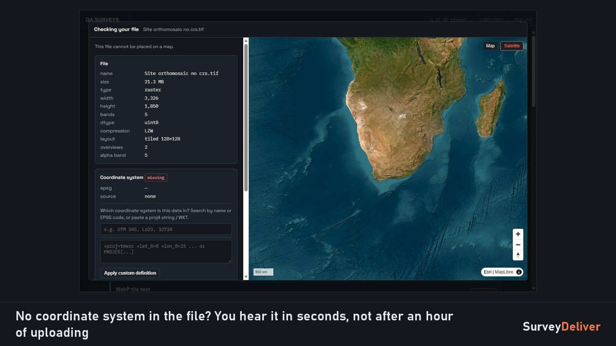 A file with no coordinate system: the check says so and offers a list to choose from